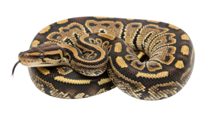 Ball python (python regius) snake reptile coiled with tongue out isolated on transparent background