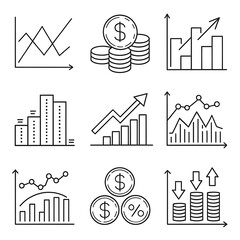Collection of hand drawn financial charts and money icons silhouette