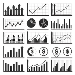 Collection of various business and financial chart graphics silhouette