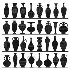 Collection of ancient greek pottery silhouettes on shelves