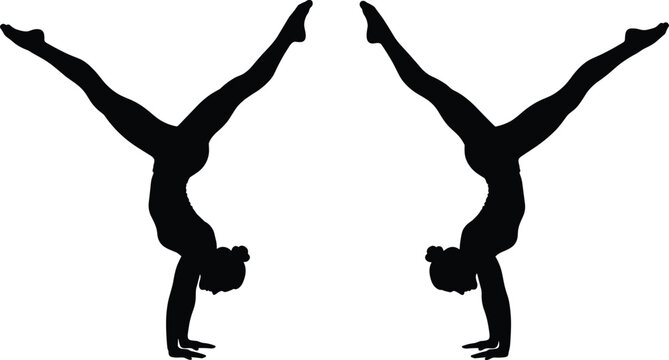 Gymnastics woman silhouette vector illustration, handstand split pose, flexible female athlete doing acrobatic trick, black sport figure isolated on white background