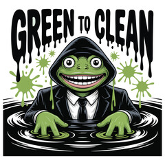 Cartoon frog wearing suit and hood emerging from dark water with green splatters character
