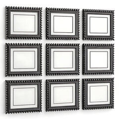 Nine empty decorative picture frames arranged in a grid silhouette