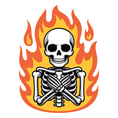 Cartoon skeleton with crossed arms engulfed in flames bones skull