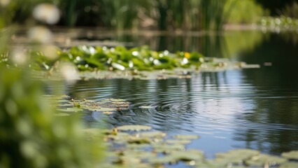 Serene outdoor scene featuring a tranquil pond with vibrant green water lilies floating peacefully on the reflective surface, illuminated by natural sunlight