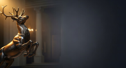 A majestic bronze statue of a rearing deer with large antlers in a dimly lit, grand hall.
