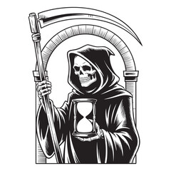Grim Reaper skeleton figure holding hourglass and scythe within arched frame death