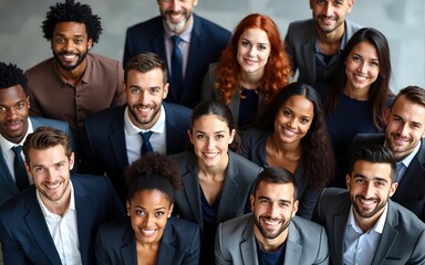AI Generated Image top view of diverse group of professional businesspeople smiling confidently in formal attire representing teamwork and inclusivity. High quality
