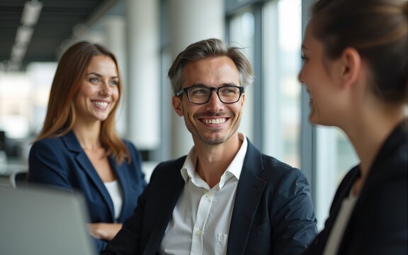 View of businesspeople smiling in an office. High quality - Powered by Adobe