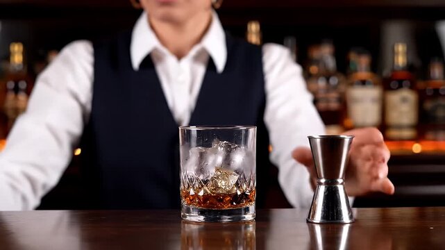 Bartender Stirring Cocktail With Ice In Whiskey Glass Behind Bar With Bottles And Jigger