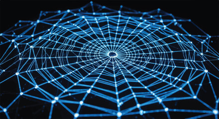 Obraz premium Blue Glowing Digital Spider Web Network Grid Technology Background