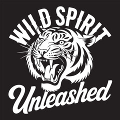 Roaring white tiger head with text Wild Spirit Unleashed on black vector