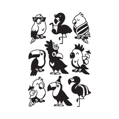 Playful black-and-white bird and animal illustrations collection, featuring quirky characters, charming poses, whimsical scenes.