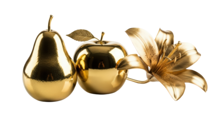 Golden pear, apple, and lily flower on white background, luxury isolated on transparent background