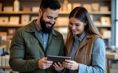 Two colleagues using a tablet in a retail shop environment. High quality
