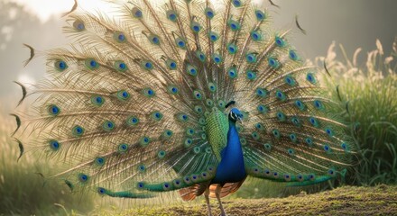 Obraz premium Majestic peacock displaying vibrant plumage in natural habitat.