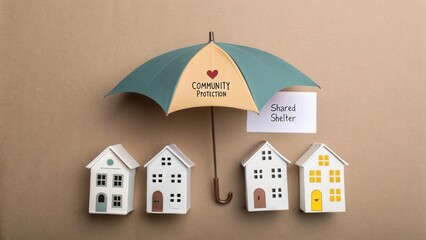 Community Protection and Shared Shelter Concept with Umbrella and Miniature Houses on Brown Background