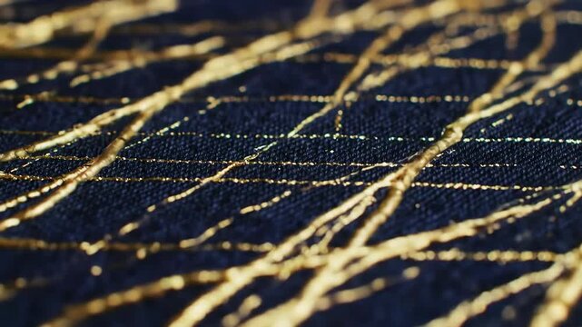 Close-up of blue fabric with gold thread design texture