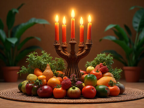 Traditional Kwanzaa display with kinara candles fruits on mkeka mat