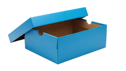 Empty bright blue corrugated plastic shoebox with lid wide open isolated on transparent background