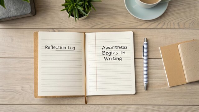 Open notebook with reflection log and inspirational quote on writing alongside a pen, greenery, and a coffee cup