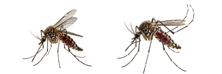 Two mosquitoes positioned against a plain backdrop in a studio setting with detailed focus on transparent background