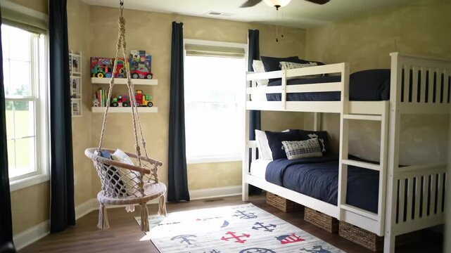Cozy kids bedroom with bunkbeds, swing chair, natural light, and toys
