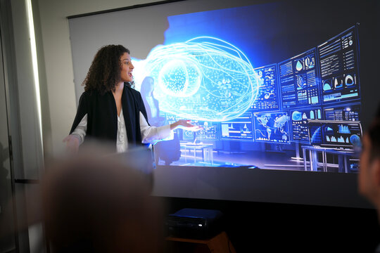 Professional woman presenting advanced data analysis in a modern conference room - Powered by Adobe