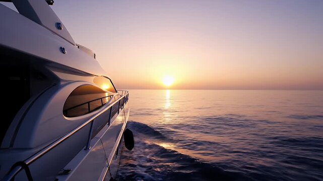 Luxury Yacht Sailing on Ocean Water at Golden Hour Sunset with Calm Sea and Purple Orange Sky Horizon 1