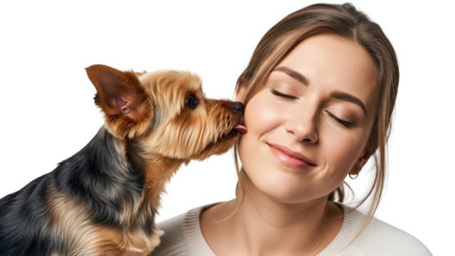Content woman eyes closed as a small yorkie dog licks her face isolated on transparent background