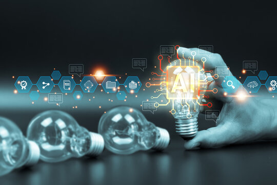 Light bulb and AI Artificial Intelligence technology digital icon for business industry analysis learning and communication system or automation robotic programming and futuristic concepts.