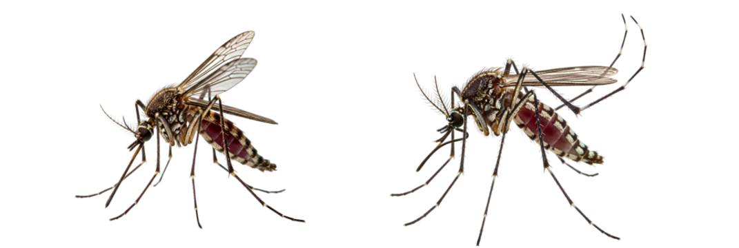 Two mosquitoes positioned against a plain backdrop in a studio setting with detailed focus on transparent background