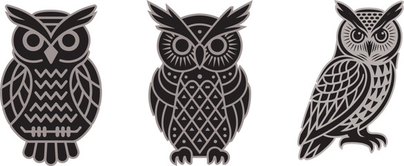 Vector illustrations of black and gray owl designs
