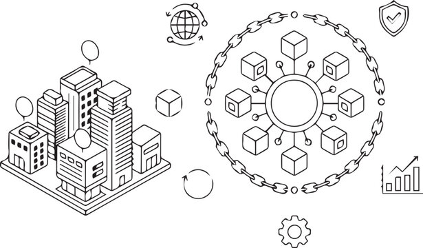 Blockchain Cube Network with Chain Ring &ndash; Decentralized Technology Line Vector