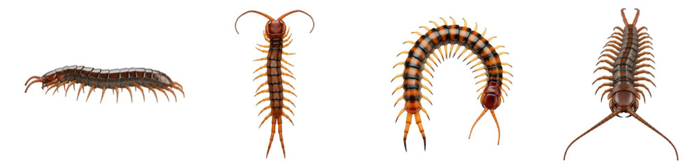 Fototapeta premium Four centipedes displayed in different poses against a plain colored backdrop in a studio shot on transparent background