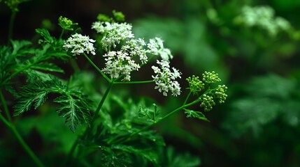 Closeup of delicate white wildflowers blooming among lush green foliage.