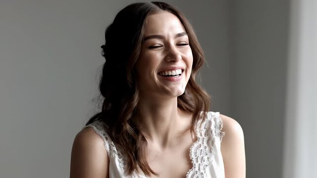 Joyful Woman Laughing Wearing White Lace Trimmed Camisole Soft Natural Window Light Indoors