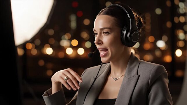 Professional Young Woman With Headset Talking Animatedly In A Studio With Blurred City Lights Background At Night