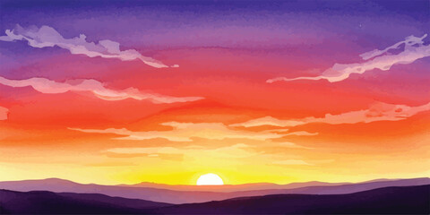Watercolor sunset over mountains vibrant sky with clouds peaceful nature illustration for backgrounds and designs