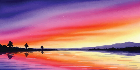 Colorful sunset over a calm lake reflecting the vibrant sky perfect for backgrounds and scenic designs