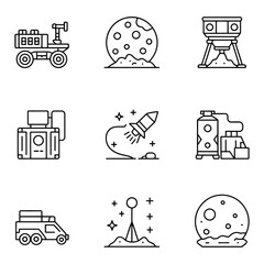 Space exploration icons including rover, rocket, moon and lander Keywords: space, exploration © vectorgame