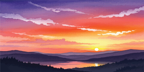 Scenic sunset landscape illustration featuring mountains water and a colorful sky perfect for backgrounds and wallpapers