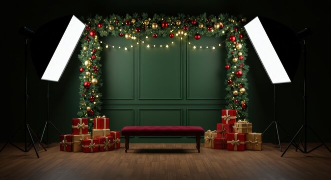 Christmas themed photo studio setup with lights presents and garland decoration on green wall backdrop