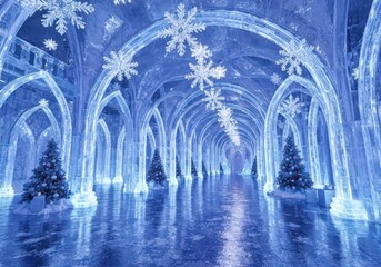 Ice palace corridor decorated with christmas trees and snowflakes in a winter wonderland scene
