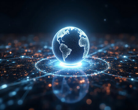Glowing globe with interconnected light lines global business technology