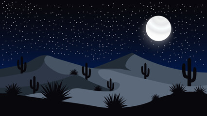 Naklejka premium Desert night scene with full moon and cacti under a starry sky