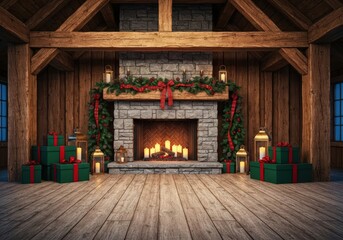 Christmas decorations in a rustic cabin with gifts and a stone fireplace mantel display setting scene