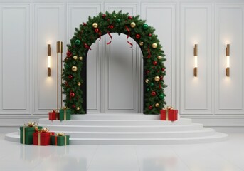 Festive christmas archway with presents on white steps and modern sconces on the wall behind it