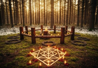 A forest scene with a ritualistic circle of logs candles and wreaths on a mossy ground at sunset