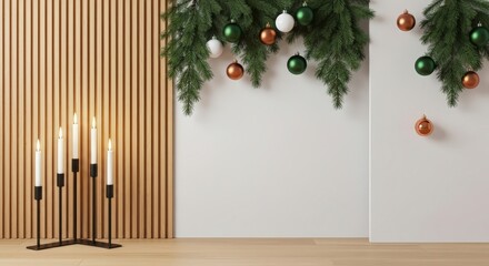 Festive holiday decor with candles, ornaments, and greenery against a minimalist backdrop wall paneling
